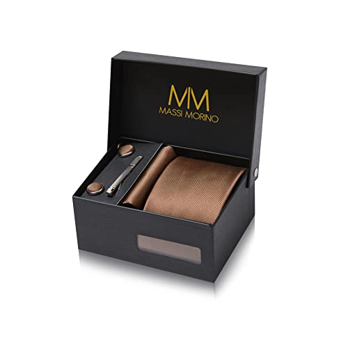 Massi Morino Krawatte Braun mit Einstecktuch Set Herren inkl. Manschettenknöpfe, Krawattennadel und Geschenkbox - Männer Krawattenset