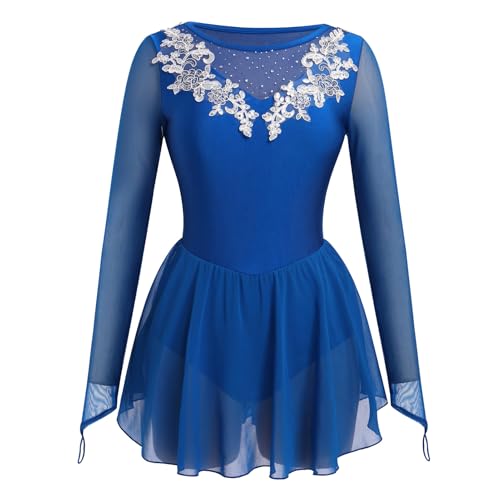 FYMNSI Damen Tanzkleid Eiskunstlauf Kleid Langarm K�rkleid Rollkunstlauf Wettbewerb Tanzanzug mit Strass Blumen Mesh Chiffon Rock Ballettkleid Gymnastik Leotard Turnanzug Tanzkost�m K�nigsblau M