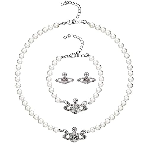 Lucktao 3 Stück Planet Perlenkette,Armbänder,Ohrringe, Weiße, PlanetKristall Strass, Saturn Faux Perle Choker Halsketten,für Frau Freundin Mutter Tochter Geschenk