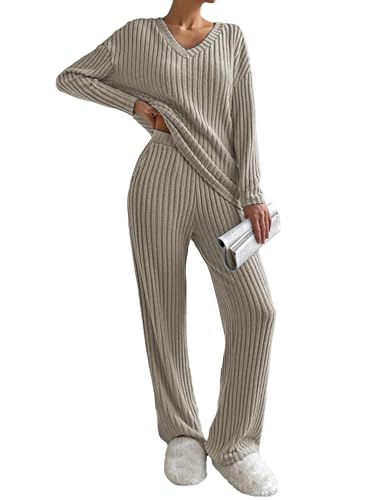 Famulily Lounge Set Damen Schlafanzug Langarm V-Ausschnitt Loungewear Jogginganzug Weites Bein Zweiteiler Outfit mit Taschen (M, Khaki)