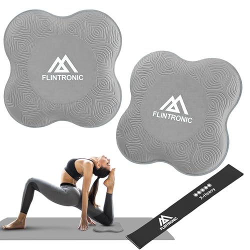 Flintronic Kniekissen Yoga, 2PC Yoga-Knie-Pad, Rutschfest Yoga Knie Padmatte, 20x20cm Knieschoner Matte Unterstützung der Knie Handgelenke und Ellenbogen, für Yoga Fitness Pilates–mit Widerstandsband
