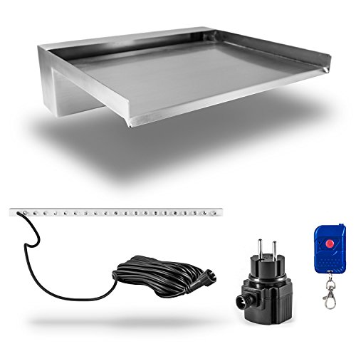 30cm Edelstahl Wasserfall Element mit LED Beleuchtung RGB Licht für Garten Teich Mauer Wand Gabione