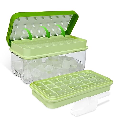 Ice Trays for Freezer with Lid & Bin, Ice Cube Tray Making 64 pcs Ice Cubes, Easy Press to Release Ice, Ice Tray with Storage Bin Chilling Cocktail Whiskey Coffee 2 Trays 1 Ice Bucket & Scoop (Green)