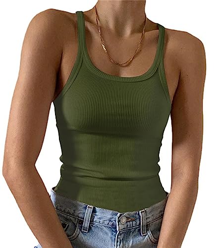 Artfish Ärmelloses Damen-Tanktop, figurbetont, U-Ausschnitt, gerippt, Basic-Cami-Shirts, 02# volle Länge Olivgrün, Klein