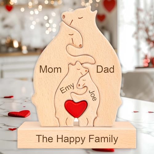Personalisiertes Holzkunstpuzzle der Bärenfamilie Geschenk mit 2-7 Namen We Are One Holz Bär Skulpturen als Desktop Ornament Personalisiertes Geschenk für Muttertag Vatertag Weihnachts (Stil-A)