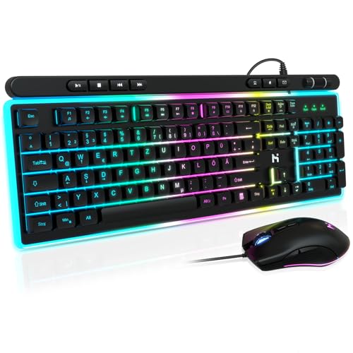 HLONONE Gaming Tastatur und Maus Set, Regenbogen LED Hintergrundbeleuchtung, USB Verkabelt, Ergonomische Tastatur für PC Gamer und Büro, QWERTZ DE Layout -Schwarz