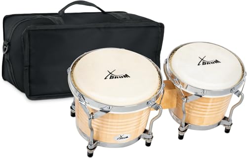 XDrum Bongos Pro Natur - 2 Trommeln mit 6,5" (17 cm) und 7,5" (20 cm) Durchmesser - Bongotrommeln mit stimmbaren Naturfellen, Stimmschlüssel und Tasche - Holztrommeln Naturfarben