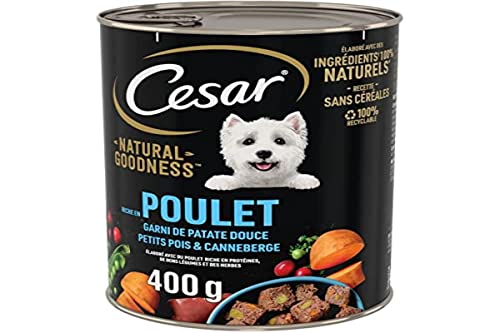 CESAR Natural Goodness – 6 Packungen à 400 g – Terrinendosen für ausgewachsene Hunde, reich an Huhn, gefüllt mit Süßkartoffeln, Erbsen & Preiselbeeren, Nassfutter für Hunde, ohne Getreide