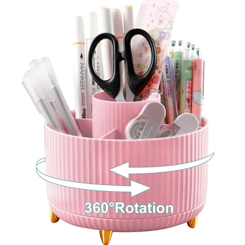 Lenfuos Schreibtisch Organizer, 360 Grad drehbarer Büro-Organizer Stifthalter, 5 Sortierfächer für Stifte, Hefter, Ordnerklammern, Haftnotizen, Platzsparendes Desk Organizer（Rosa）