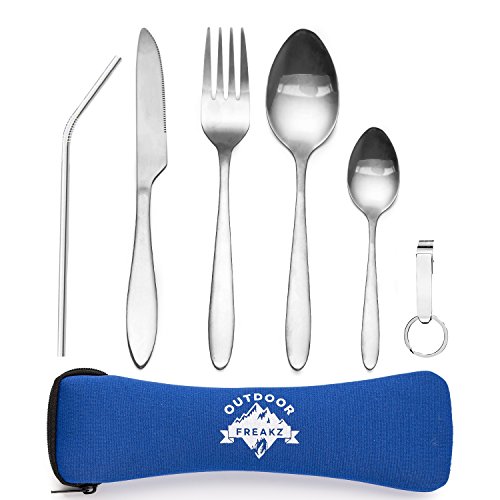 OUTDOOR FREAKZ Outdoor Reisebesteck und Campingbesteck aus Edelstahl mit Neoprenhülle (blau ++)