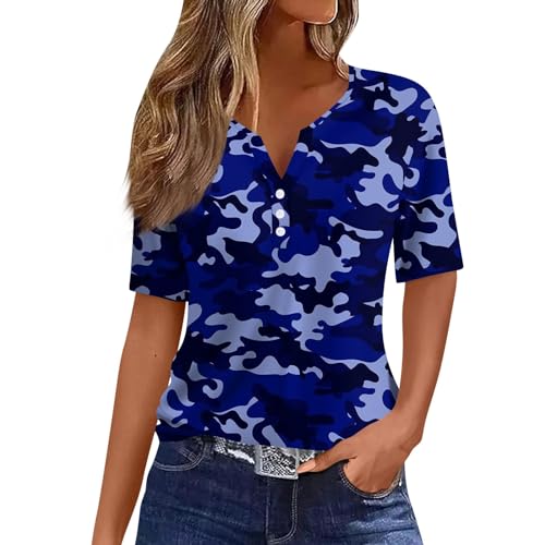 Meine Bestellungen Anzeigen Tshirt Damen Oversize Lustige T Shirts Tactical Shirt V-Ausschnitt Henley Shirt Mit Knopfleiste Camouflage Tunika Bluse Damen Langarmshirt (Royal Blue, L)