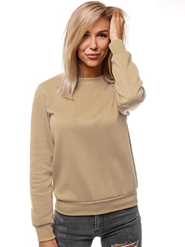 OZONEE Damen Sweatshirt Pullover Langarm Farbvarianten Oversized Langarmshirt Pulli ohne Kapuze Baumwolle Baumwollmischung Classic Basic Rundhals-Ausschnitt Sport JS/W01/6 BEIGE M