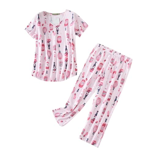 Generisch Pyjama Set Damen Kurz Sexy Cartoon-Druck Frauen Baumwolle Pyjamas Set Kurzarm Top Capri Hosen Nachtwäsche Plus Damen Nachtwäsche für Hausanzug (Pink, XXL)