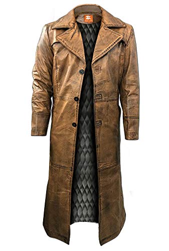 Suiting Style Brauner Herren-Trenchcoat, Used-Look, Vintage-Stil, knielang, origineller Lammfell-Ledermantel, Leder, XL