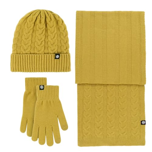 WKAYsIV Blaue Mütze Herren warmer Hut, langer Schal, Handschuhe, Set für Damen und Herren Damenmütze Winter(Gelb,Einheitsgröße)