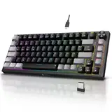 KOORUI Mechanisch Tastatur, Gaming Tastatur Kabellos/Kabelgebunden/Bluetooth 26 RGB Wiederaufladbare 4000mAh Batterie 82 Tasten Deutsches Layout QWERTZ für Windows MacOS Linux-Brauner Schalter