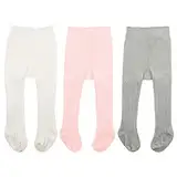 Durio Baby Strumpfhose für Mädchen Baumwolle Kinderstrumpfhose Kinder Strumpfhosen Set Warme Strümpfe Leggings 3 Paar-Weiß Hellpink Hellgrau 0-6 Monate