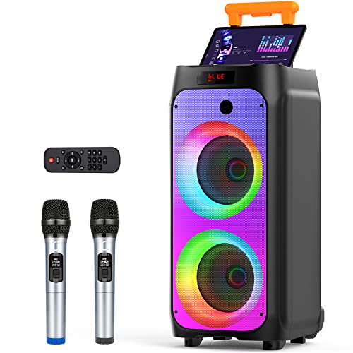 JYX Karaoke Anlage mit 2 drahtlosen Mikrofonen, Großer Lautsprecher Bluetooth mit Rädern und Disco Lichtern, Subwoofer PA System, Party Karaoke Maschine Unterstützung TWS/USB/SD Karte/AUX/Rec