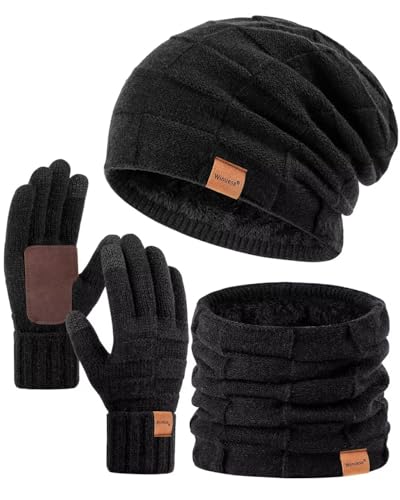 Winuesa Mütze, Schal & Handschuh-Sets für Damen Herren, Slouchy Beanie Mütze Herren Winter Strickmütze Touchscreen Handschuhe Schal Halswärmer Schlauchschal set(Schwarz)