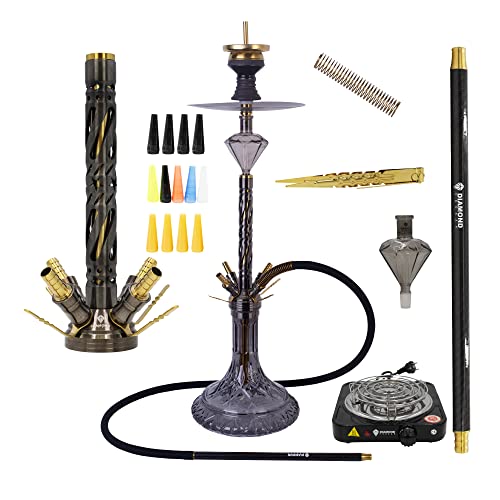 DIAMOND HOOKAH Premium HURCACANN Shisha KOMPLETTSET, Shisha Edelstahl mit 4 Anschlüsse + Mundstücke + Kohlenanzünder 1000 Watt 18/8 Schliff, Molassefänger (Huracann 10.0 BLK)