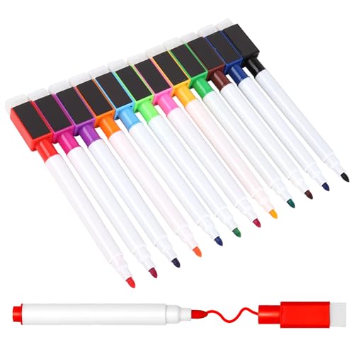 qijiefenCC 12 Stück Whiteboard Marker,Farbe Magnetische Whiteboard Stifte,Trocken Abwischbar Whiteboard Stifte mit Radierer,Fine Tip folienstift,für Büro, Schule, Zuhause usw