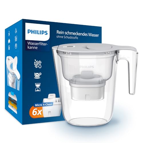 Philips Water Philips Wasserfilterkanne +6 Micro X-Clean Ersatzfilterkartuschen, schneller Durchfluss, Weiß, 2,6 Liter, elektronischer Timer