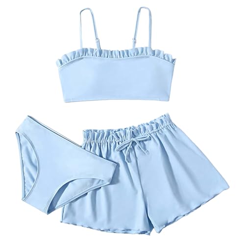 3 Teiliges Mädchen Bikini Sets Einfarbig Badeanzug Verstellbare Bikini Oberteil+Triangel Bikinihose+Kurz Shorts Sommer Strand Schwimmanzug Bademode Badebekleidung für 8-16 Jahre (Blau, 14-16 Jahre)