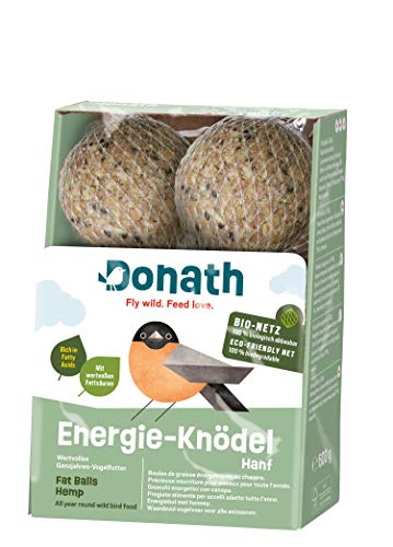 Donath Energie-Knödel Hanf im Bio-Netz - Meisenknödel im Bio-Netz - 100g je Knödel - Extraportion Hanfsamen - wertvolles Ganzjahres Wildvogelfutter - unsere Manufaktur in Süddeutschland - 6er Karton