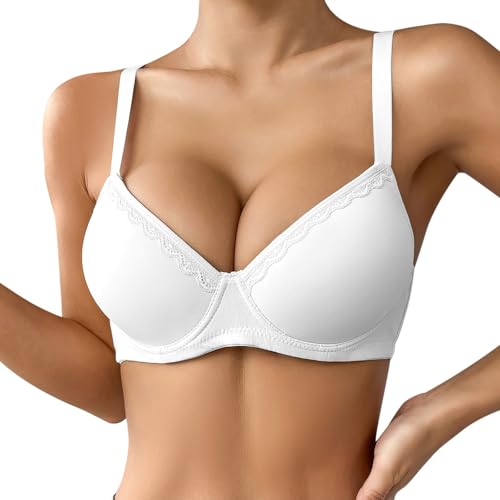 Damen T-Shirt BH mit Bügel Große Größe Push Up Gepolstert Bralette Atmungsaktiv Bequemer Softschalen BHS Dünn Schlaf-BH Klassische Top Verstellbarer Schultergurt (White, 85B)