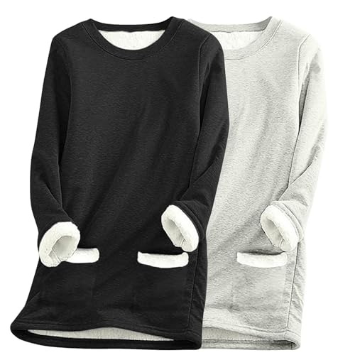 Damen Fleece Unterhemd Zweierpack Winter Warme Pullover Locker Gefüttertes Undershirt Oversize Teddyfleece Unterwäsche Alltäg Lamm Kaschmir Kuschelpullover Einfarbig Plüschoberteil 2-Pack