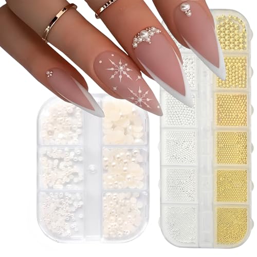 3 Kartons Nail Charms-Kleine Stahlkugeln Und Perlenhalbkreis, Charms NäGel In Verschiedenen Spezifikationen, Nail Charms Gold, Silber, Weiß, Nagel ZubehöR