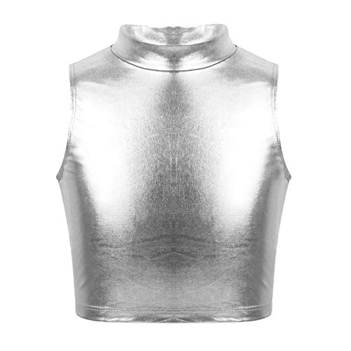 iEFiEL Mädchen Crop Top Metallic Shirt Weste Rollkragen Jazz Oberteile Wetlook BH Kurzarm T-Shirt Tanktop Glänzend Tanz Kostüm gr. 122-164 Silber 146-152