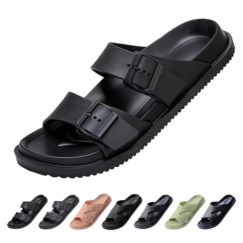 VEXTIO Pantoletten Damen Mit Schnallen Riemen weich Fußbett Verstellbar Sandalen Herren Sommer Hausschuhe Schlappen Buckle Breit Badeschuhe Weich Fest Sohle Schuhe Schwarz Gr. 39-40