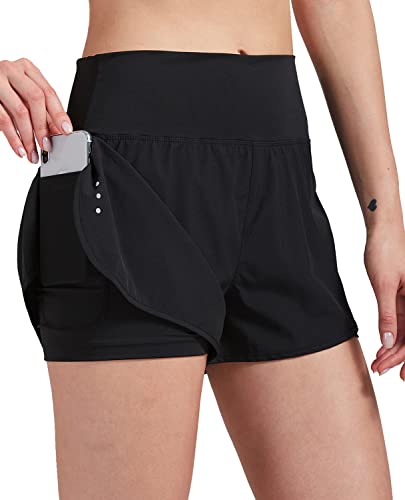 VIGVAN 2 in 1 Laufhose Damen Sport Shorts Sommer Kurze Hose Schnell Trocknend Fitness Shorts Yoga Shorts Gym Jogging Training Sporthose für Damen mit Taschen (BK, S)