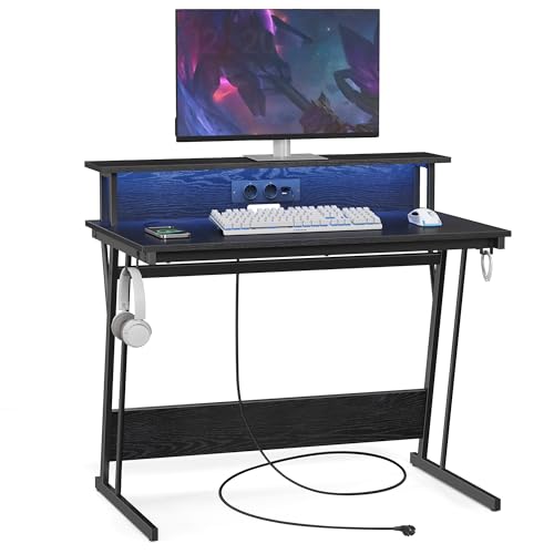 VASAGLE Schreibtisch, Gaming Tisch mit eingebauter Steckdosenleiste, Computertisch, mit Monitorständer für 2 Monitore, Schlafzimmer, 60 x 100 x 76 cm, ebenholzschwarz LWD191B56