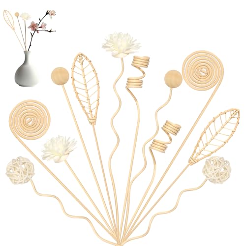 AOROPS Rattan Holzdiffusorstäbchen, 18 Stück Rattan Duftdiffusor und Blumen-Ersatz-Rattanstäbchen für Zuhause, 6 Formen Rattanstäbchen für Raumduft für Zuhause Büro Hotel