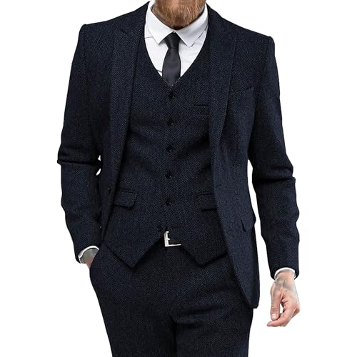 Herren Slim Fit Business Formal Anzug 3 Stück Tweed Herringbone Hochzeitsanzug Smoking Anzüge für Dinner Party Prom (Schwarz,XXL)