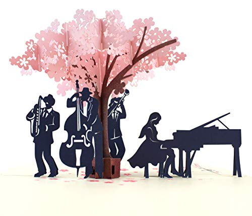 MOKIO® Pop-Up Karte – Jazz-Konzert unter blühendem Baum – 3D Geschenkkarte zum Geburtstag oder zur Hochzeit, Jubiläum, Jahrestag, Pensionierung, für Frauen & Männer