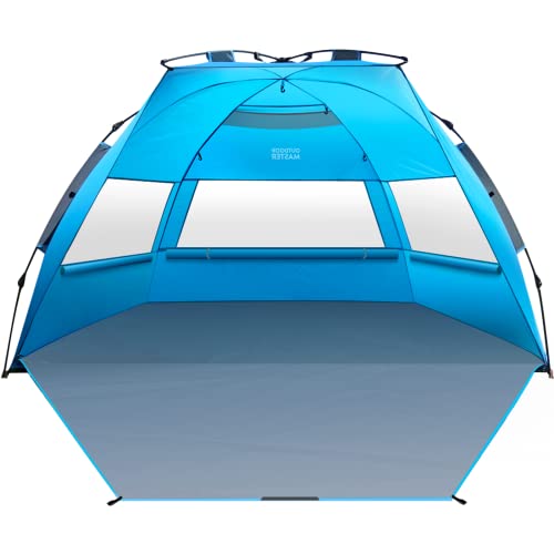 OutdoorMaster Strandmuschel Pop Up, 3-4 Personen Strandzelt mit UPF 50+ UV Schutz, einfacher Aufbau in 60 Sekunden, wetterfestes Campingzelt mit abnehmbarem Dachfenster (Blau)