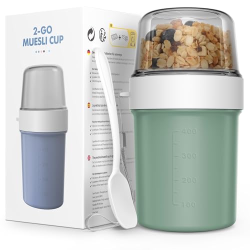 JSCORES Müslibecher to Go mit Löffel, 560ml+310ml Auslaufsicherer Joghurt to go becher für Unterwegs (Morandi Grün)