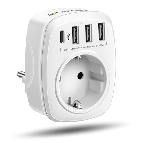 LENCENT USB Steckdose Mehrfachstecker EU Adapter 5-in-1 Steckdosenadapter mit 3 USB Ladegerät Anschlüße 2,4A, 1 Typ-C Port 3A, Wand Steckdose Schuko 4000W Stromadapter Stecker mit Kindersicherung Weiß