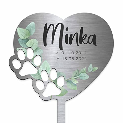 Edelstahl Grabstecker für Hund Katze - Blumenstecker Herz mit Pfoten - Gartenstecker | Personalisierter Metall Grabschmuck wetterfest Tiere | Tiergrab Deko | Trauer Andenken (Personalisierbar)