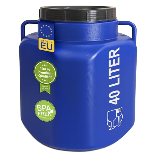 plasteo® 40 Liter Weithalsfass mit Deckel und Griffen Eckig Blau, Lebensmittelecht und BPA-Frei, Futtertonne Kunststofffass Universalfass Deckelfass Wasserfass Regentonne Lagerfass, Blau