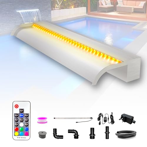 Longrun 90cm Teich Wasserfall Klingen Set, 304 Edelstahl Gebogener Wasserfall mit 7 Farben LED und Fernbedienung, Breite 25.5cm