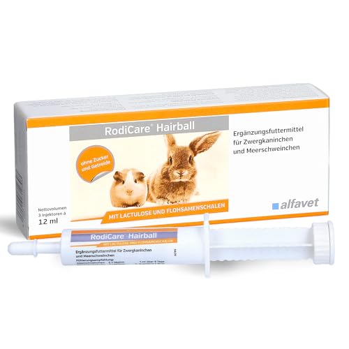 Alfavet RodiCare Hairball, Ergänzungsfuttermittel für Zwergkaninchen und Meerschweinchen, fördert die Ausscheidung von Haarballen, 3 Injektoren à 12 ml