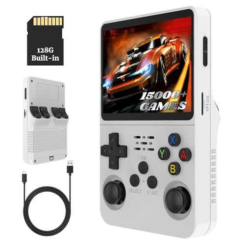Bewinner 3,5-Zoll Retro Handheld Spielekonsole R36s, Videospielkonsole mit Dual Stylem Linux/Garlic Unterstützung, Retro Konsole mit Dual 3D Joysticks (Weiß) (128G)