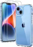 TAURI 3 in 1 für iPhone 14 Hülle 6,1" mit 2 Stück Panzerglas Schutzfolie, Schutz nach Militärstandard, [Anti-Vergilbung] Stoßfest Transparent Handyhülle - Durchsichtig