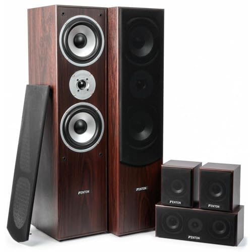 Fenton HF5W - Heimkino Musikanlage für Audiosystem 1150 Watt - 5.0 Surround Sound System, 5-teiliges Home Entertainment System, Heimkino Soundsystem, für Zuhause, Wohnzimmer - Nussbraun