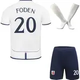 Hawkara Limitierte England #20 Foden Heim Fußball Kinder Trikot Auflage Shorts Socken Set Jugendgrößen (Weiß,28)