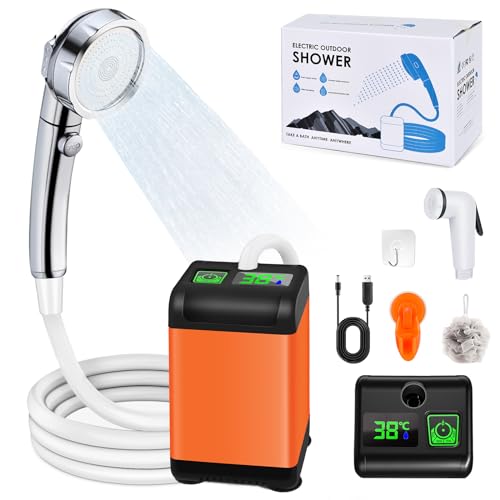 JONRRYIN Tragbare Campingdusche, Camping Dusche mit Pumpe 6000mAh und Temperaturanzeige, Camping Dusche Portatil Outdoor mit Duschkopf und 2m Schlauch für Garten Reisen Autowäsche Haustier